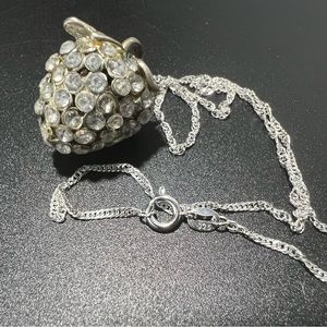 Vintage Paste Stone Pewter Strawberry Pendant on New Sterling Silver Twist Chain